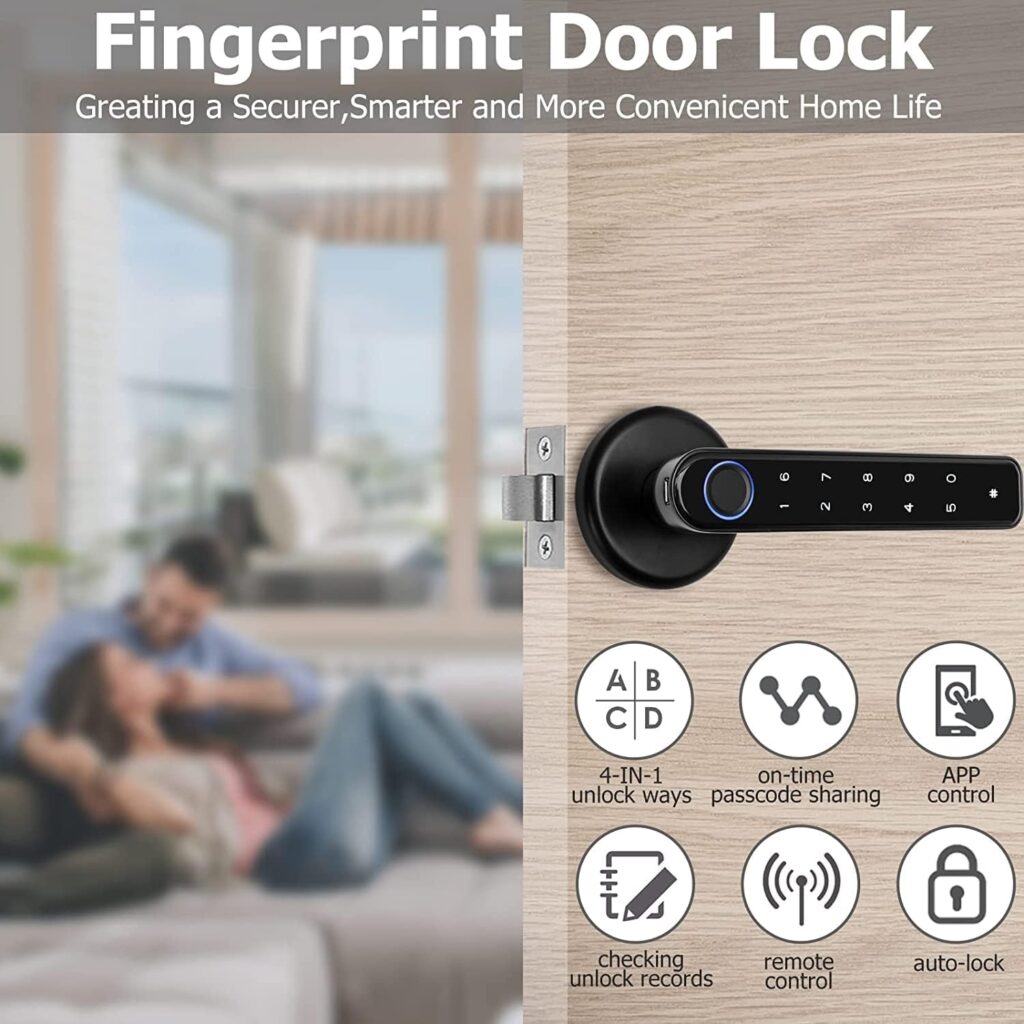 Fingerprint Keyless Bluetooth Smart Door Lock Electronic Keypad Entry Lever Knob with Handle - Security Lockset Biometric Touch  Code  Key Unlock for Bedroom Home Office Hotel