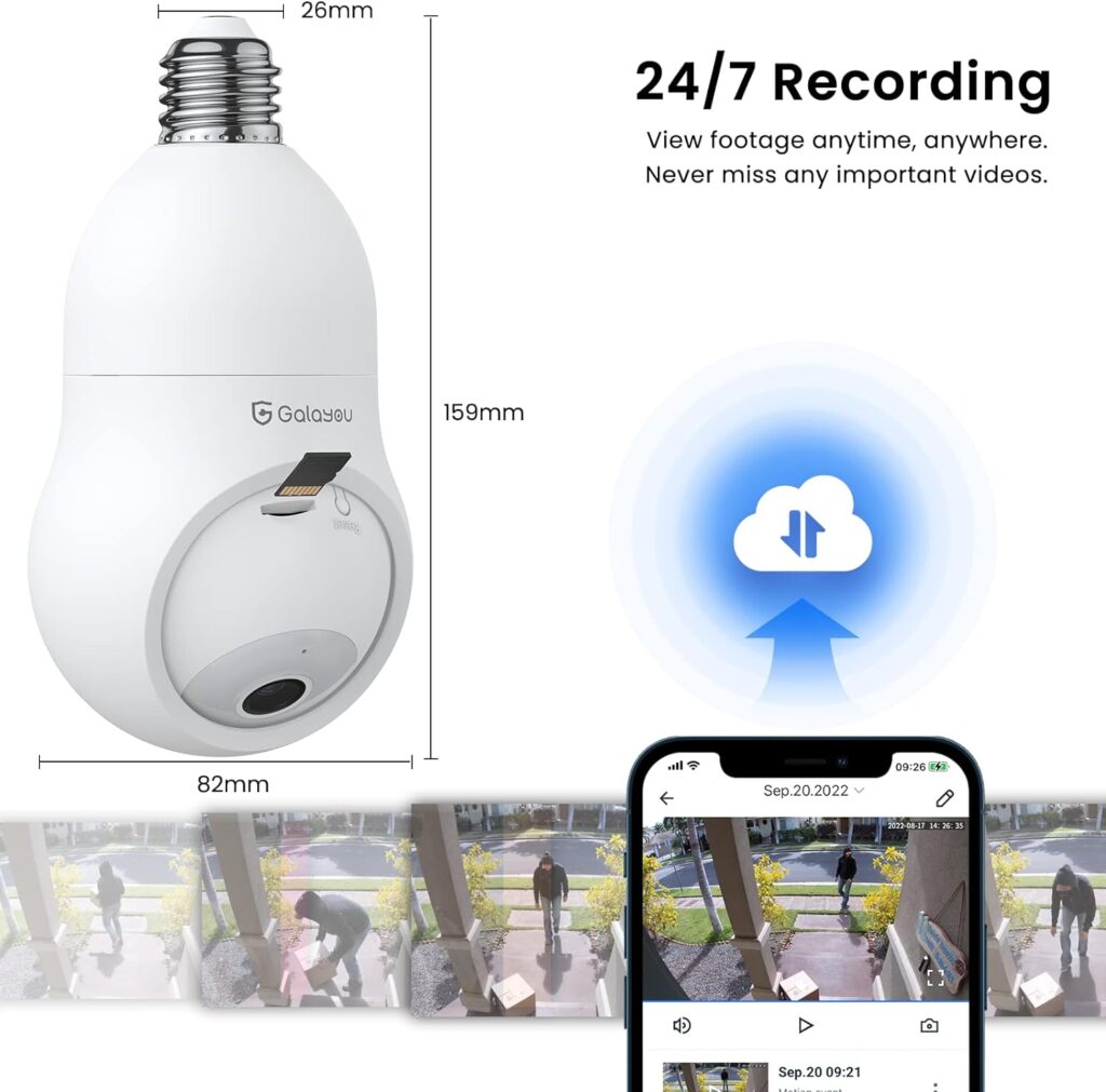 GALAYOU 360 Light Bulb Security Camera - Socket Wireless for Home Recording IndoorOutdoor, WiFi Lightbulb Video Surveillance with 2K Resolution, Motion Tracking,Works Alexa