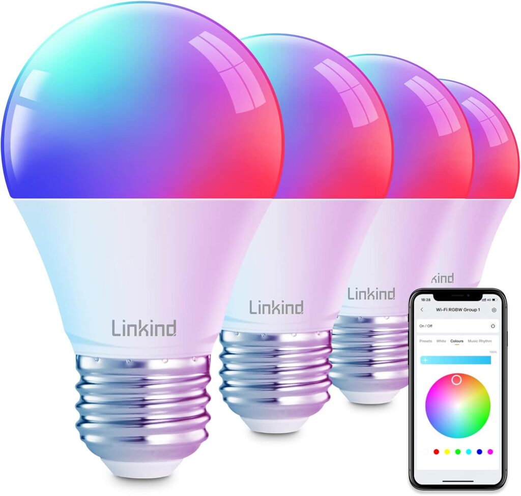 Linkind Smart Light Bulbs,Smart Bulb That Work with Alexa  Google Home,LED Light Bulbs Color Changing,A19 E26 2.4Ghz RGB WiFi Light Bulbs Dimmable 60W,800 Lumen,4 Pack