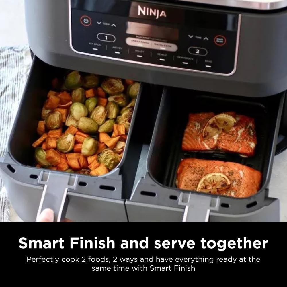 Ninja DZ201 Foodi 8 Quart 6-in-1 DualZone 2-Basket Air Fryer with 2 Independent Frying Baskets, Match Cook  Smart Finish to Roast, Broil, Dehydrate  More for Quick, Easy Meals, Grey