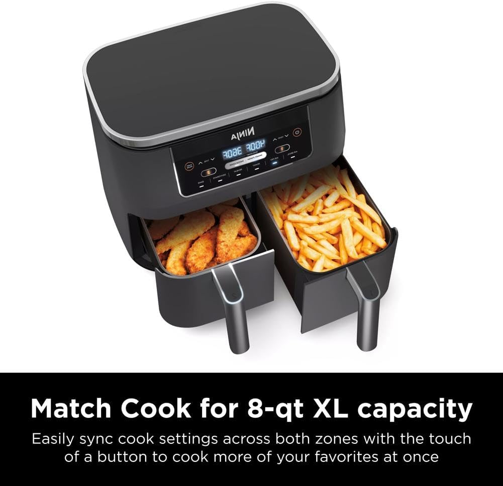 Ninja DZ201 Foodi 8 Quart 6-in-1 DualZone 2-Basket Air Fryer with 2 Independent Frying Baskets, Match Cook  Smart Finish to Roast, Broil, Dehydrate  More for Quick, Easy Meals, Grey