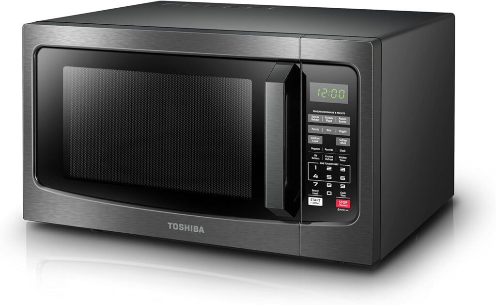 TOSHIBA EM131A5C-BS Countertop Microwave Ovens 1.2 Cu Ft, 12.4 Removable Turntable Smart Humidity Sensor 12 Auto Menus Mute Function ECO Mode Easy Clean Interior Black Color 1100W