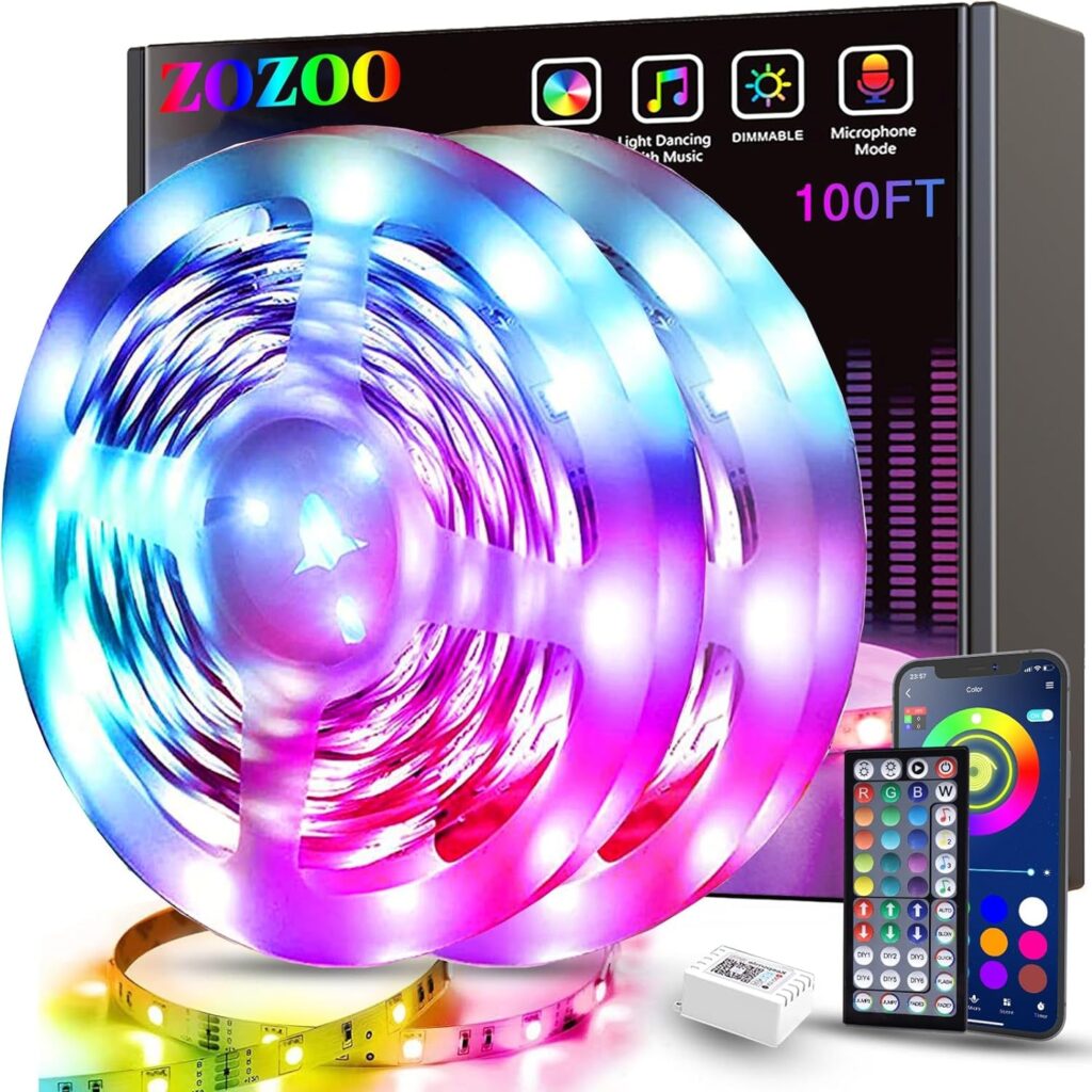 ZOZOO 100ft Led Lights for Bedroom(2 Rolls of 50ft), Smart RGB Led Strip Lights with 44-Key Remote  APP Control Music Sync with Color Changing for Home Party Festival Decoration