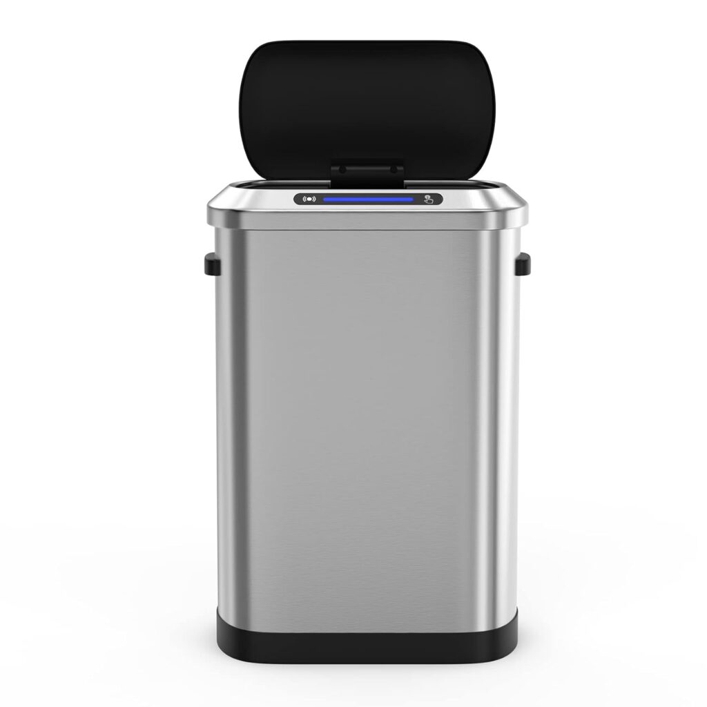 13 Gallon 50L Silver Automatic Smart Trash Can with Lid for Kitchen Office Bedroom Waste Bin and More, Stainless Steel Thickened Body and Super Mute Sensor Lid Garbage Can with 30 Count Garbage Bags