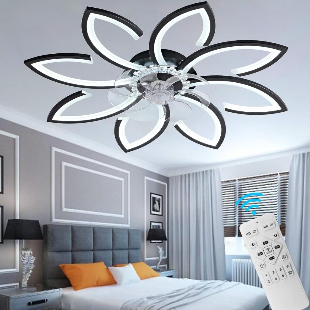 35 Modern Ceiling Fan with Lights Remote Control, Low Profile Ceiling Fan with Lights, Flush Mount Smart Ceiling Fan Light for Bedroom Living Room Kitchen, Reversible Blade, Black