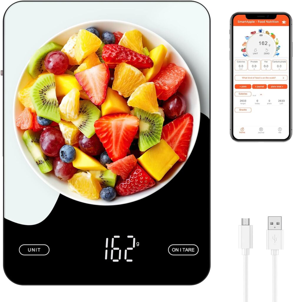 AMIR Digital Food Scale Rechargeable, Smart Kitchen Scales for Weight Loss, Smart Food Scale with Nutrition Calculator APP, Kitchen Baking Mini Digital Scale, 1g/0.1oz, 22lb/10kg