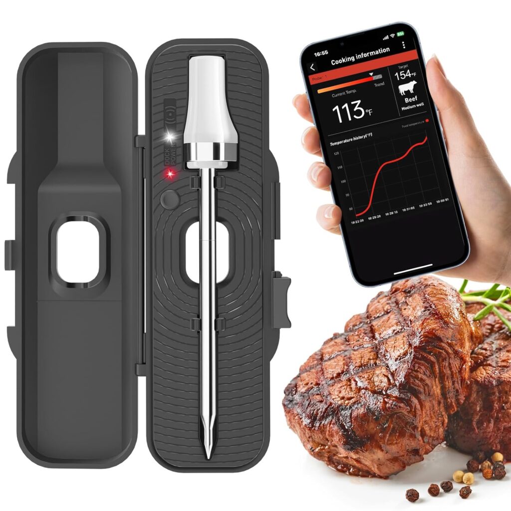 Armeator Wireless Meat Thermometer, 932°F High-Temperature Grilling for Open Fire, 229FT Smart Digital Bluetooth Meat Thermometer for Cooking, BBQ, Smoker, Oven 丨Meat Probe for Remote Monitor with APP