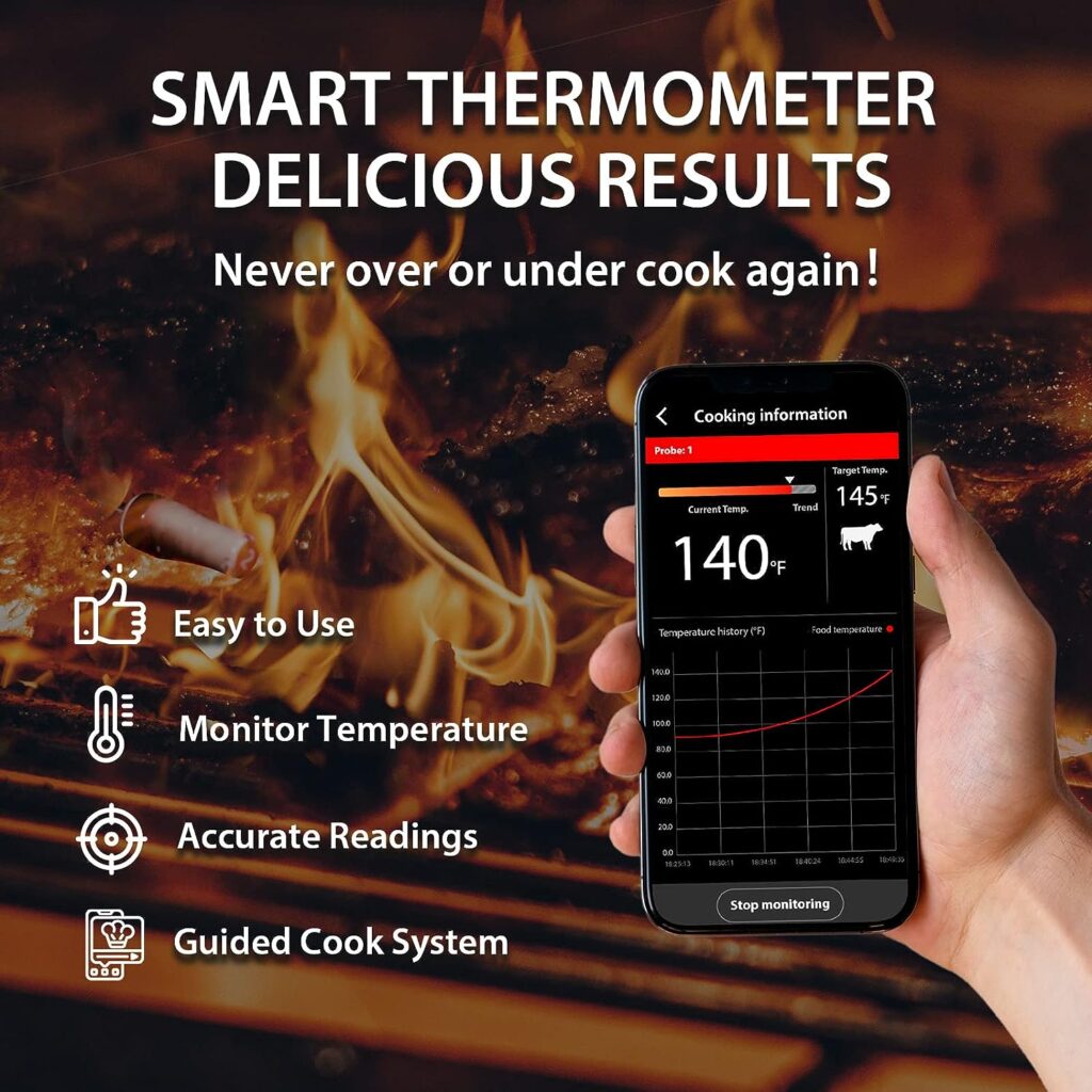 Armeator Wireless Meat Thermometer, 932°F High-Temperature Grilling for Open Fire, 229FT Smart Digital Bluetooth Meat Thermometer for Cooking, BBQ, Smoker, Oven 丨Meat Probe for Remote Monitor with APP