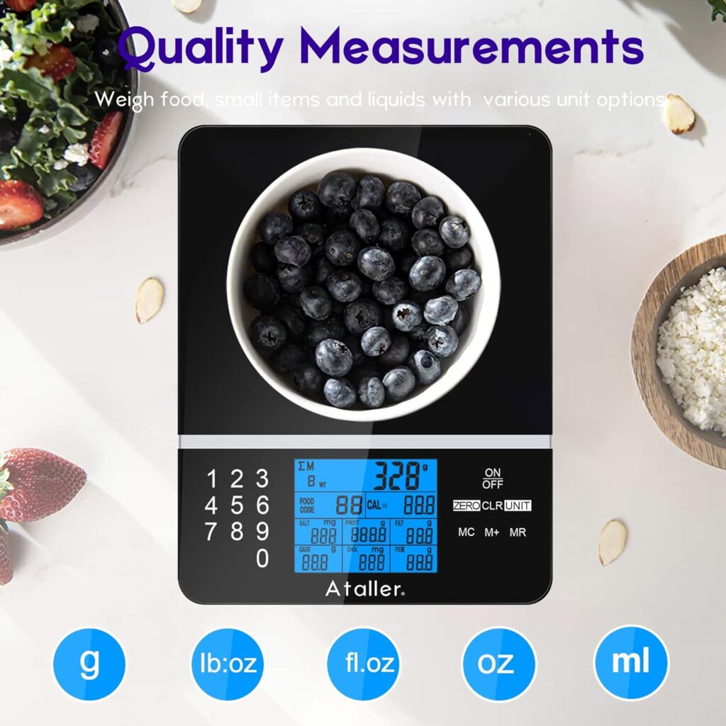Ataller Smart Food Nutrition Scale, Bluetooth Digital Kitchen Scales with Smartphone App for Baking, Cooking, Keto and Meal Prep, Large LCD Display, 304 Stainless Steel, Graduation 1g, Max 5kg 11Ib