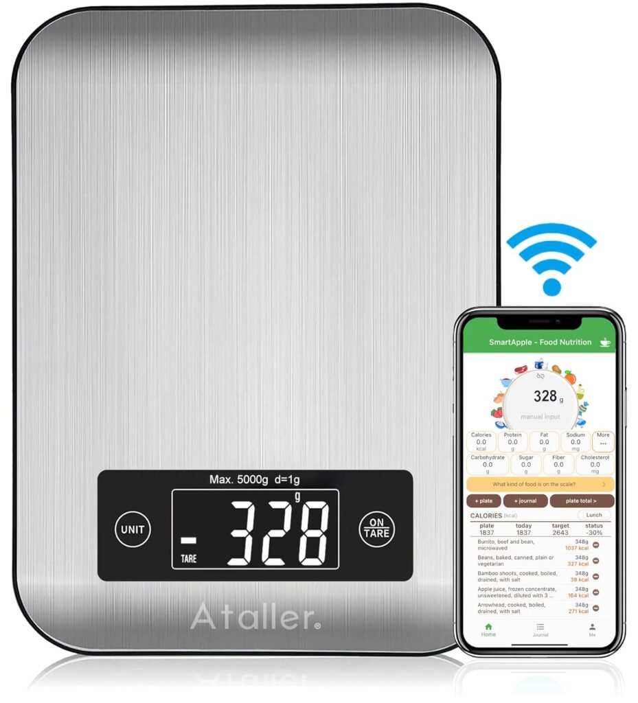 Ataller Smart Food Nutrition Scale, Bluetooth Digital Kitchen Scales with Smartphone App for Baking, Cooking, Keto and Meal Prep, Large LCD Display, 304 Stainless Steel, Graduation 1g, Max 5kg 11Ib