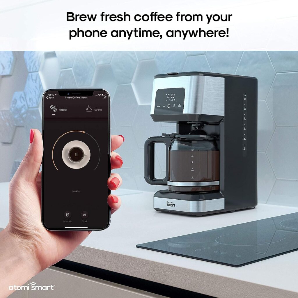 atomi smart WiFi Coffee Maker - No-Spill Carafe Sensor, Black/Stainless Steel, 12-Cup Carafe, Reusable Filter, Customization Features, Control with Voice or App, Works with Alexa and Google Assistant