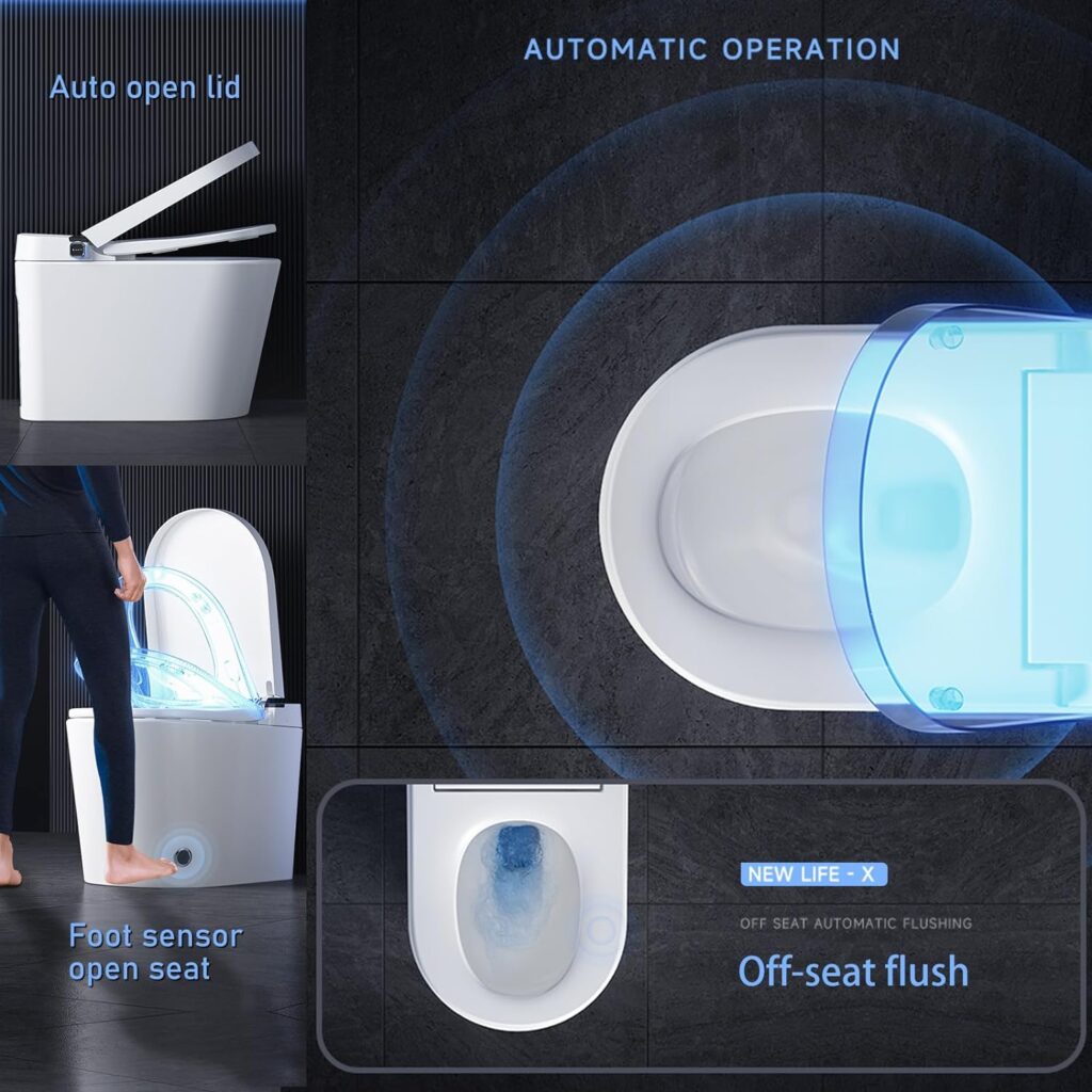 BONSAM Smart Toilet with UV Function, Heated Seat and Air Dryer for Modern Bathrooms. Intelligent tankless toilet features an automatic open/close lid and seat, Remote control. (White gold)