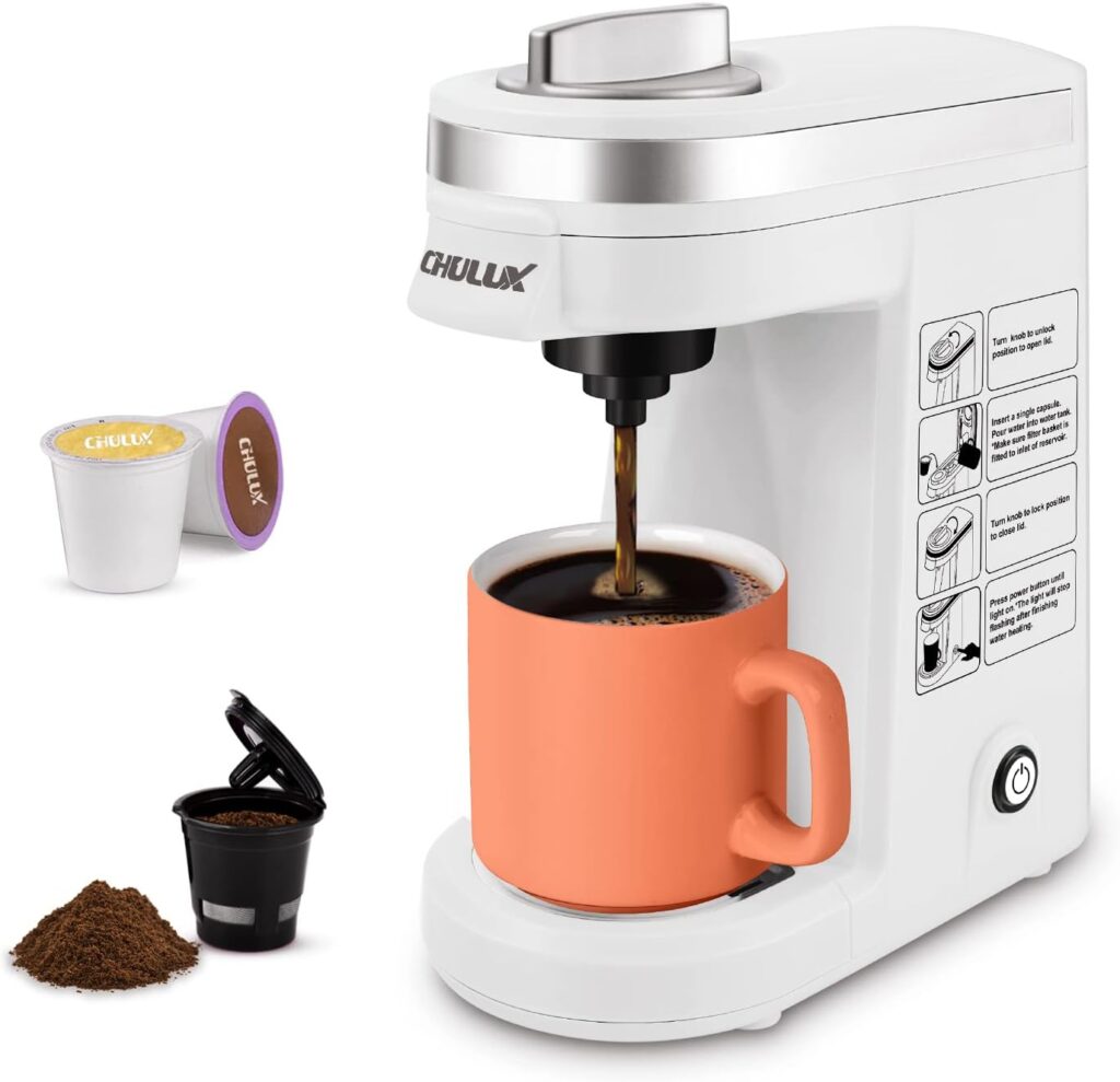 CHULUX Single Serve / Cup [Coffee] Maker Brewer for K-Cup  Ground  Tea Leaf, Travel Mini Coffee Capsules  Pods, 6 to 12Oz Brew, [Coffee] Machine with A Reusable Filter, White