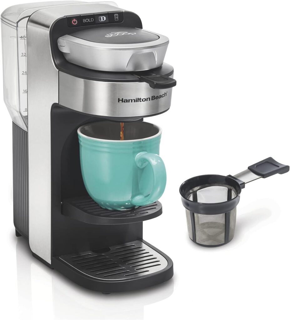 Hamilton Beach The Scoop Single Serve Coffee Maker  Fast Grounds Brewer for 8-14oz. Cups, Brews in Minutes, 40oz. Removable Reservoir, Stainless Steel (49987),Silver