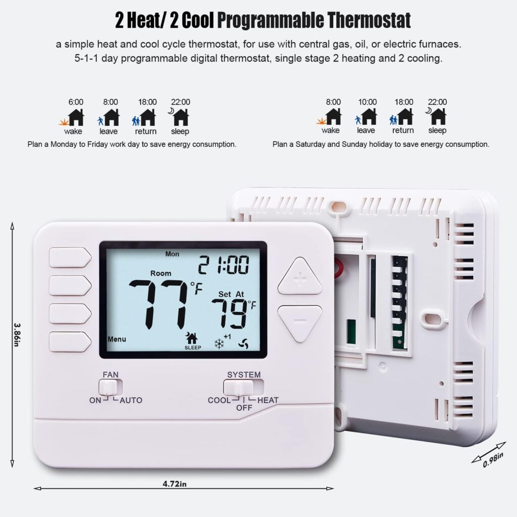 Heagstat 5-1-1 Day Programmable Thermostat for Home, up to 2 Heat/ 2 Cool, DIY Install - C-Wire Not Required