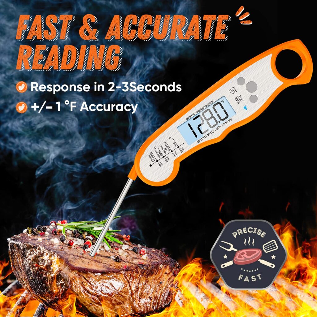 Instant Read Meat Thermometer for Grill and Cooking, Fast  Precise Digital Food Thermometer with Backlight, Magnet, Calibration, and Foldable Probe for Kitchen, Outdoor Grilling and BBQ!…