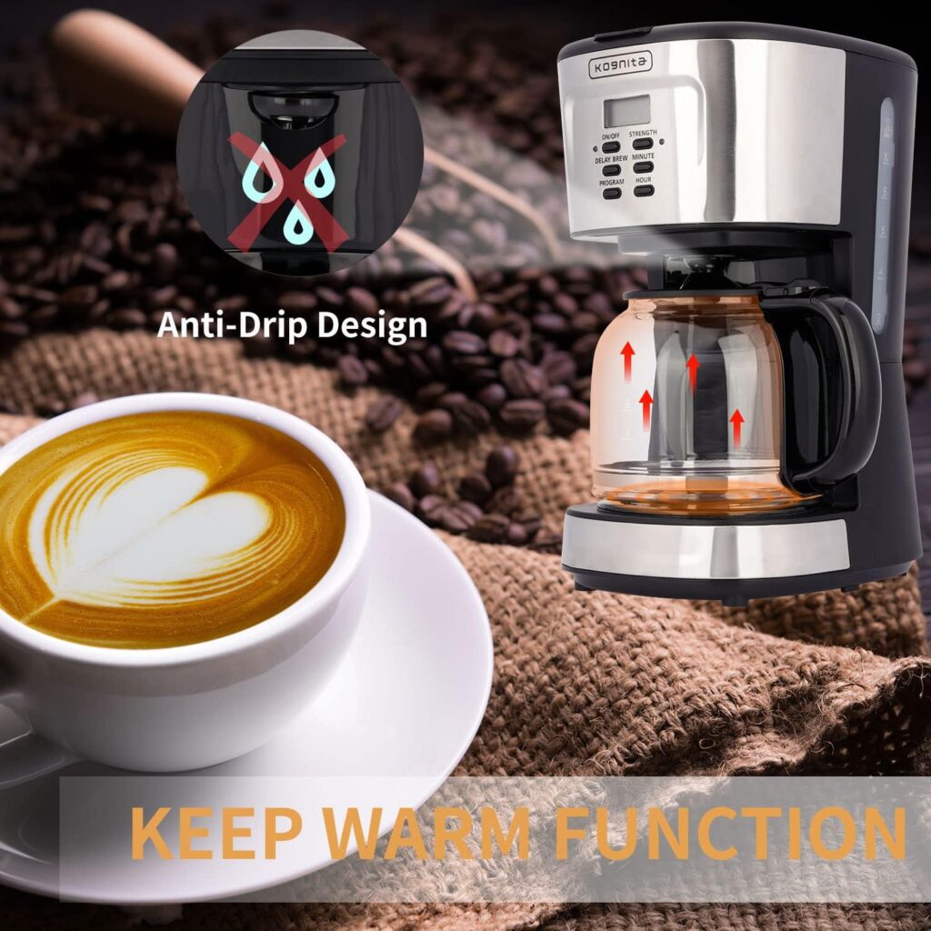 kognita 12 Cup Thermal Coffee Maker, Programmable Small Coffee Maker with Glass Carafe and Filter, Dirp Coffee Maker Coffee Pot Machine, Keep Warm, Brew Strength Control, 900W Fast Brew Auto Shut Off
