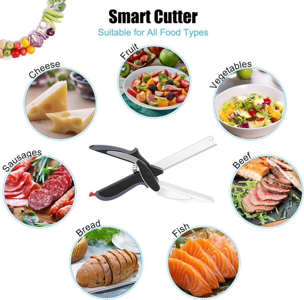 LEEPENK Smart Cutter Food Scissors with Built-in Cutting Board, 2 in 1 Easy Smart Cutter Knife Kitchen Scissors Perfect for Vegetable, Home and Picnic