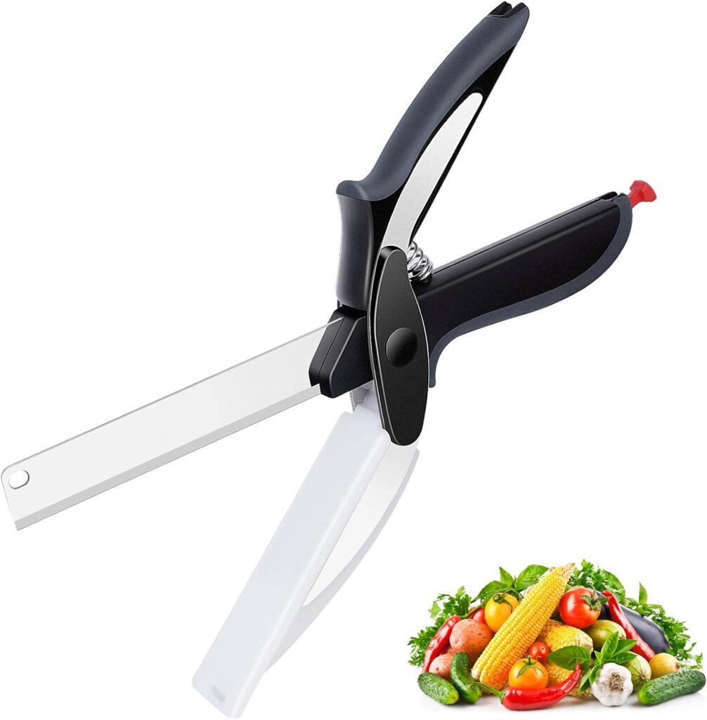 LEEPENK Smart Cutter Food Scissors with Built-in Cutting Board, 2 in 1 Easy Smart Cutter Knife Kitchen Scissors Perfect for Vegetable, Home and Picnic