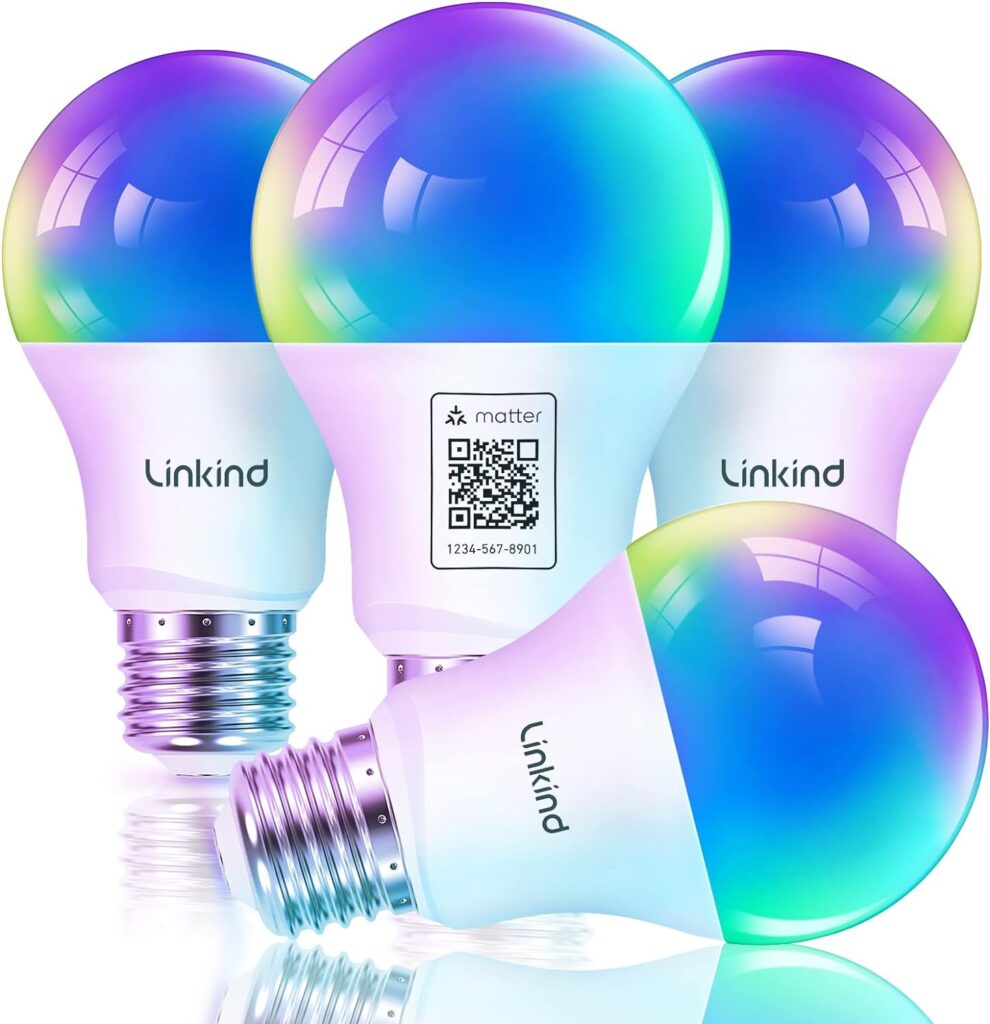 Linkind Matter WiFi Smart Light Bulbs Work with Apple Home/Siri/Google Home/Alexa/SmartThings, RGBTW LED Color Changing Bulbs Music Sync, Smart Home Integration, A19 E26 60W 2.4Ghz WiFi Only 4 Pack