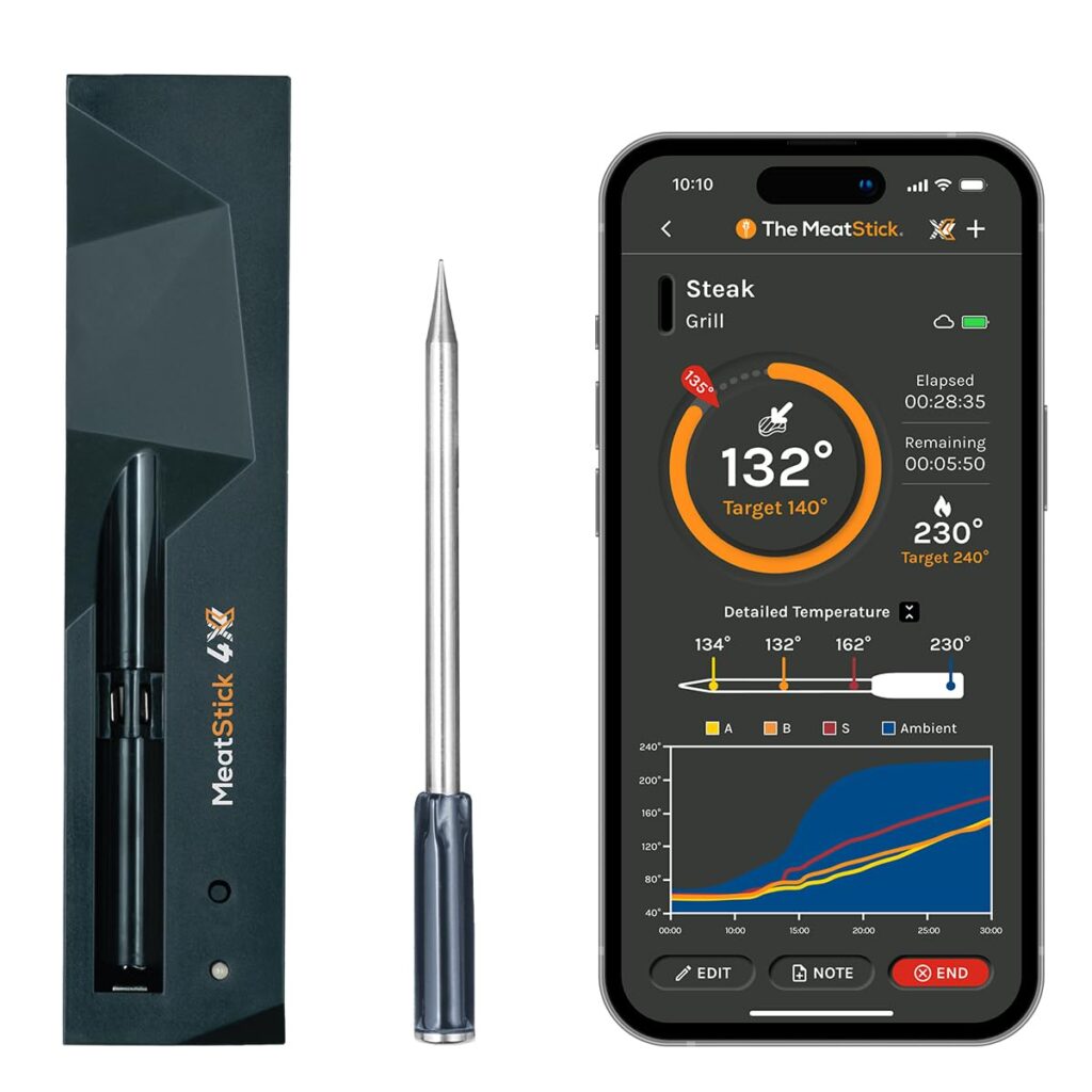 MeatStick 4X Set | Quad Sensors Wireless Meat Thermometer with Bluetooth | 650ft Range | for BBQ, Grill, Rotisserie, Kitchen, Smoker, Deep Frying, Oven