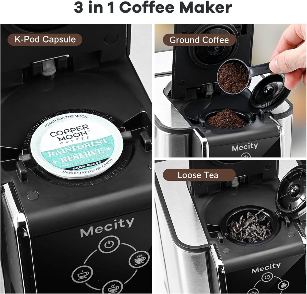 Mecity Coffee Maker 3-in-1 Single Serve Coffee Machine, For K Pod Coffee Capsule Pod, Ground Coffee Brewer, Loose Tea maker, 6 to 10 Ounce Cup, Removable 50 Oz Water Reservoir, 120V 1150W