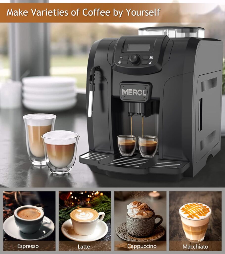 MEROL Automatic Espresso Coffee Machine, 19 Bar Barista Pump Coffee Maker with Grinder and Manual Milk Frother Steam Wand for Cappuccino Latte Macchiato, Black: Home  Kitchen