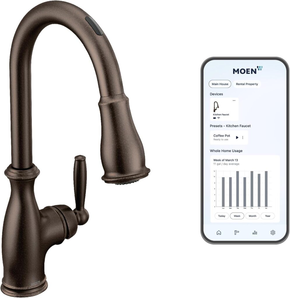 Moen Brantford Oil Rubbed Bronze Smart Faucet Touchless Pull Down Sprayer Kitchen Faucet with Voice Control and Power Boost, 7185EVORB
