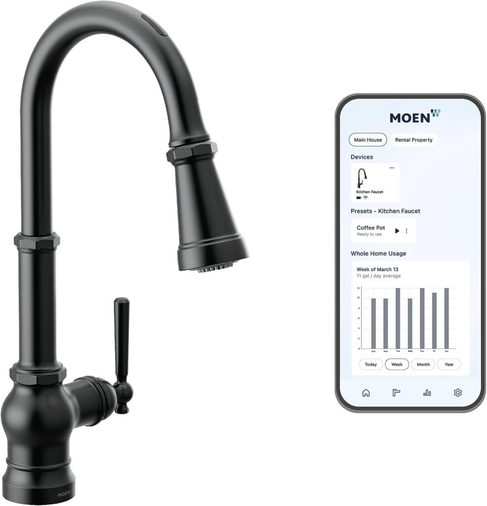 Moen Paterson Matte Black Smart Faucet Touchless Pull Down Sprayer Kitchen Faucet with Voice Control and Power Boost, S72003EVBL