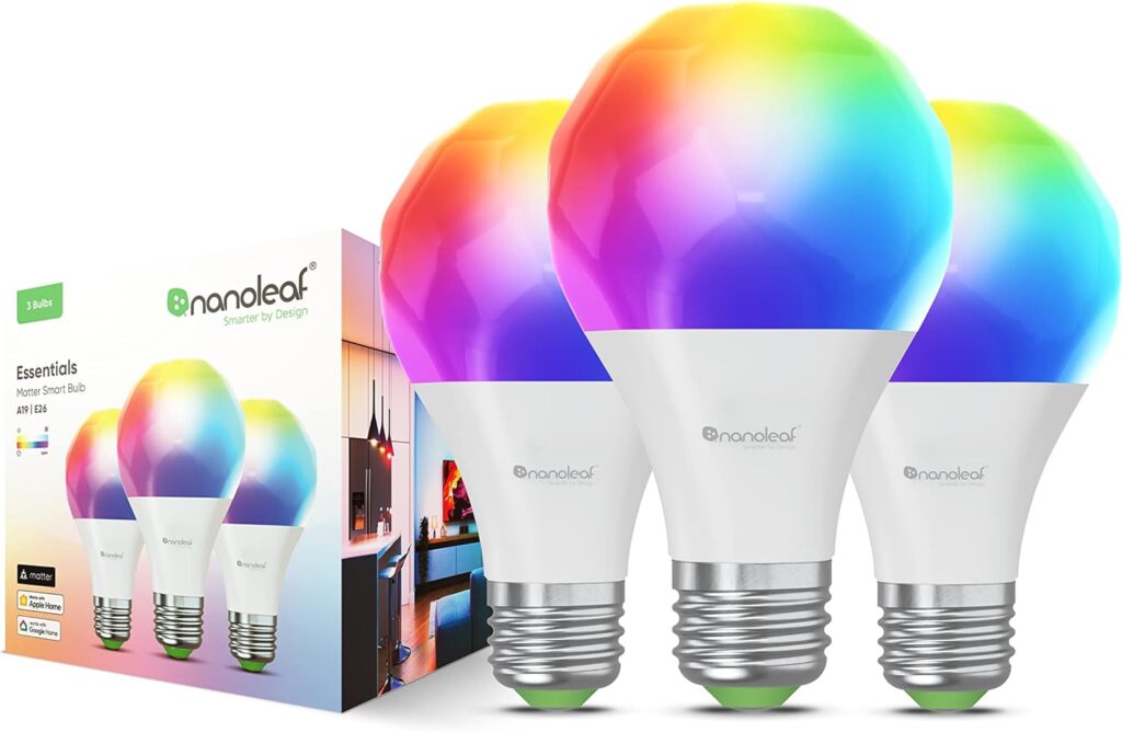 Nanoleaf Essentials Smart LED Color-Changing Light Bulb (60W) - RGB  Warm to Cool Whites, App  Voice Control (Works with Apple Home, Google Home, Samsung SmartThings) (Matter A19 (3 Pack))