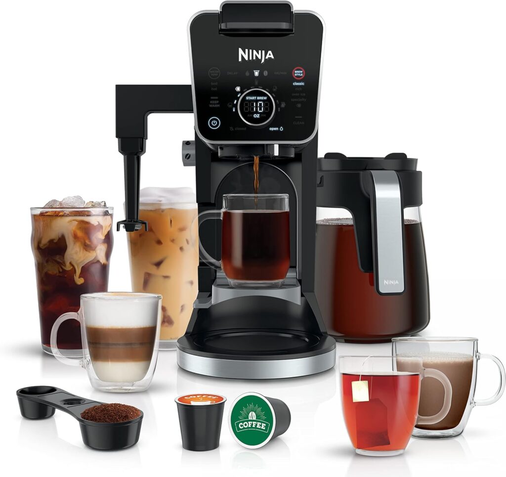 Ninja CFP301 DualBrew Pro Specialty 12-Cup Drip Maker with Glass Carafe, Single-Serve Grounds, compatible with K-Cup pods, with 4 Brew Styles, Frother  Separate Hot Water System, Black: Home  Kitchen