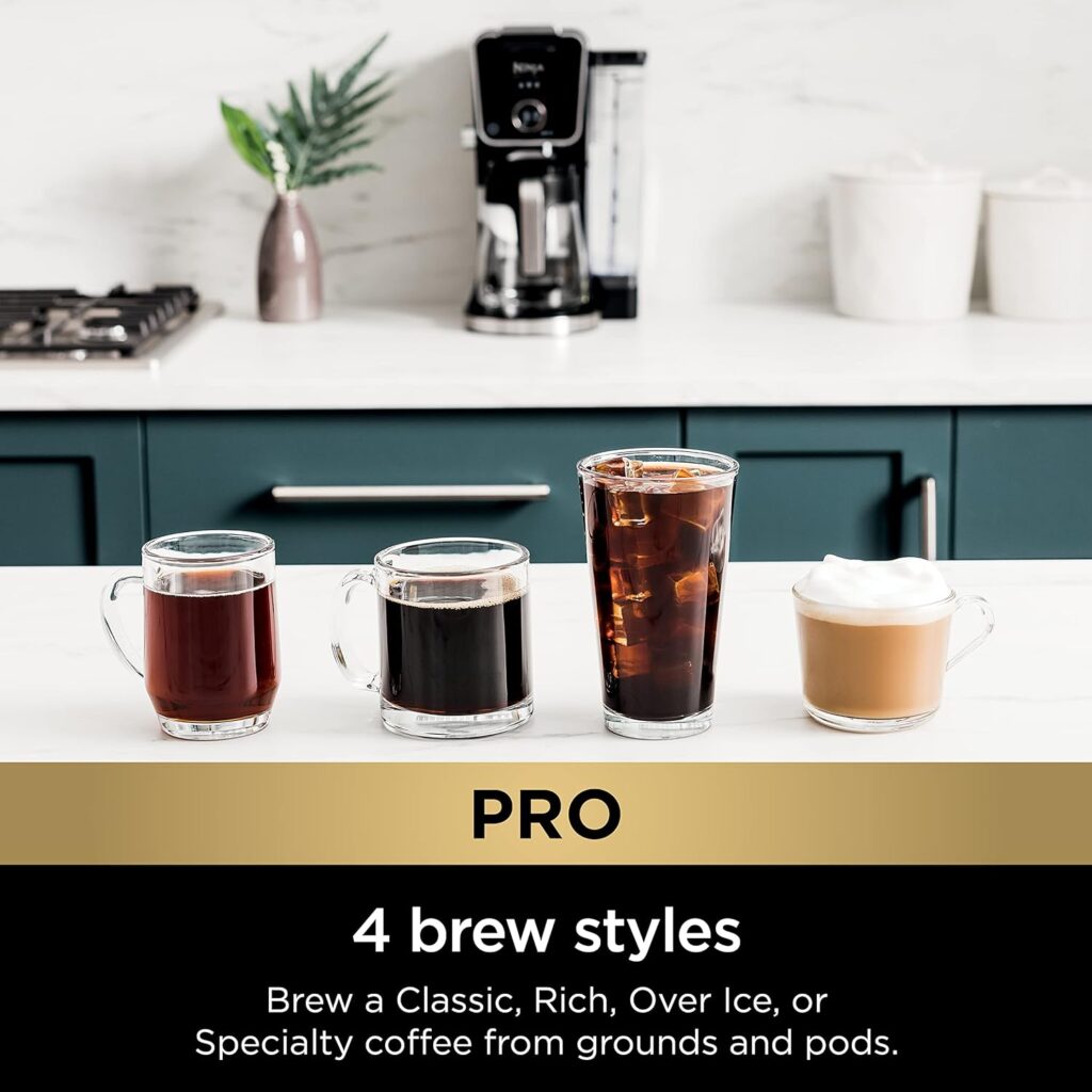 Ninja CFP301 DualBrew Pro Specialty 12-Cup Drip Maker with Glass Carafe, Single-Serve Grounds, compatible with K-Cup pods, with 4 Brew Styles, Frother  Separate Hot Water System, Black: Home  Kitchen