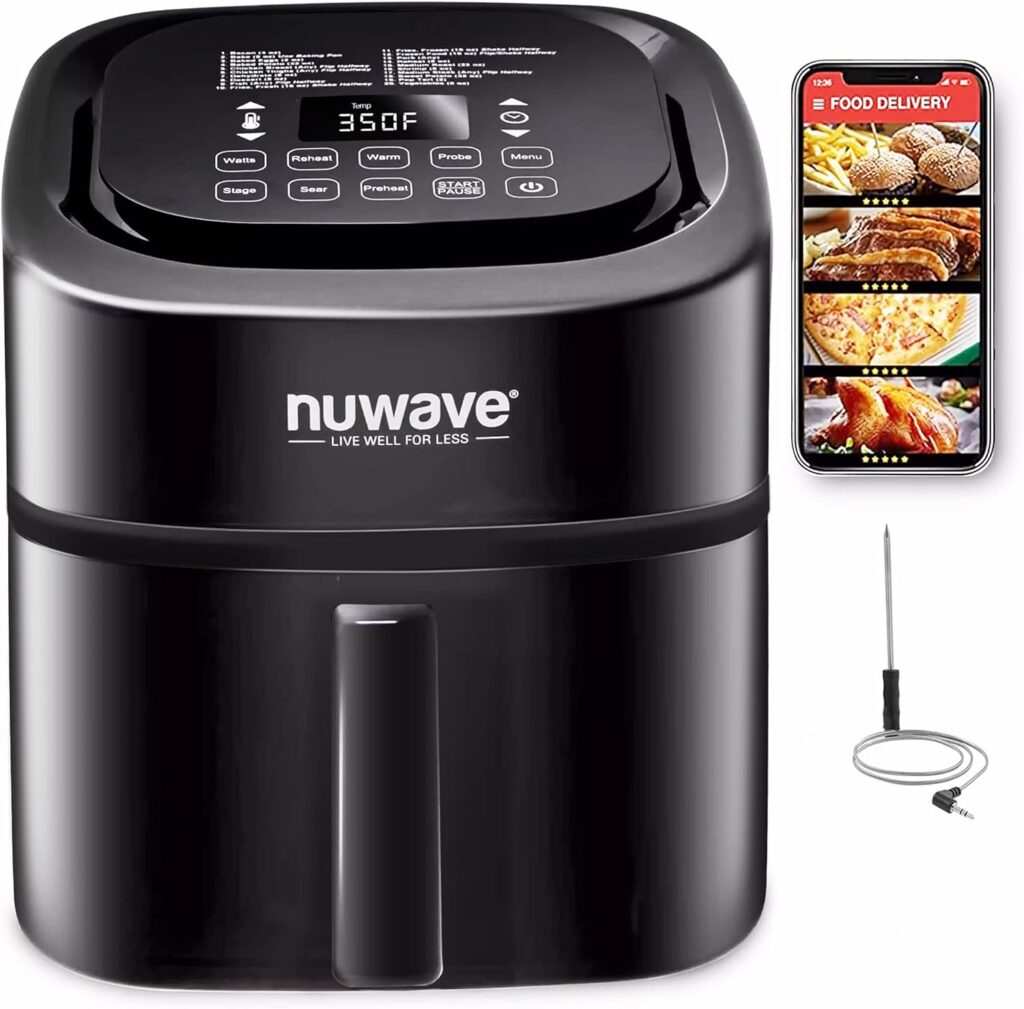 Nuwave Brio 8-Qt Air Fryer, Powerful 1800W, Easy-to-Read Cool White Display, 50°-400°F Temp Controls, 100 Pre-Programmed Presets 50 Memory Slots, Integrated Smart Thermometer, Linear T Technology