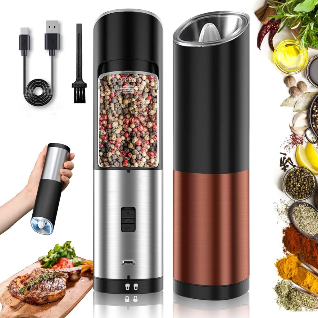 Rocyis USB Rechargeable Electric Salt and Pepper Grinder Set-Gravity Automatic Spice Mill w/LED Light, Adjustable Coarseness, One Hand Operated Smart Kitchen Gadgets (2 Pack)