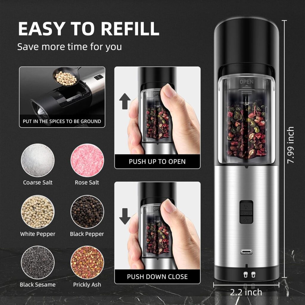 Rocyis USB Rechargeable Electric Salt and Pepper Grinder Set-Gravity Automatic Spice Mill w/LED Light, Adjustable Coarseness, One Hand Operated Smart Kitchen Gadgets (2 Pack)