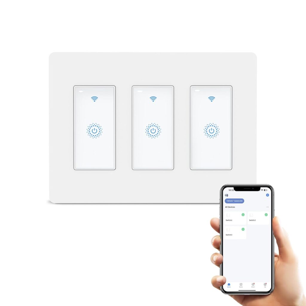 Smart Light Switch 3 Gang (Not 3 Way Switch), Smart WiFi Touch Wall Light Switch Work with Alexa Google Home, Voice and Remote Control Light Switches,Single-Pole Only