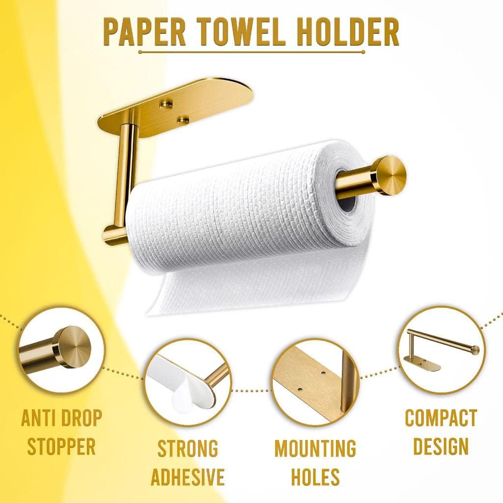 Smart LIV Adhesive Paper Towel Holder, Wall Mounted roll Holder for Kitchen and Bathroom, Under Cabinet Wall, Paper Roll Holder Counter Top, Napkin Holder, Stainless Steel (Gold)