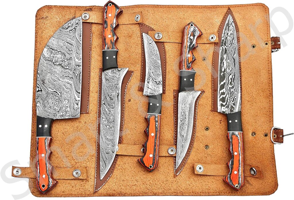 Smart  Sharp Custom Handmade Damascus Chef Knives Set/Kitchen Knives 5 Pieces Set SS-17210 and 17211 Poplar Wood