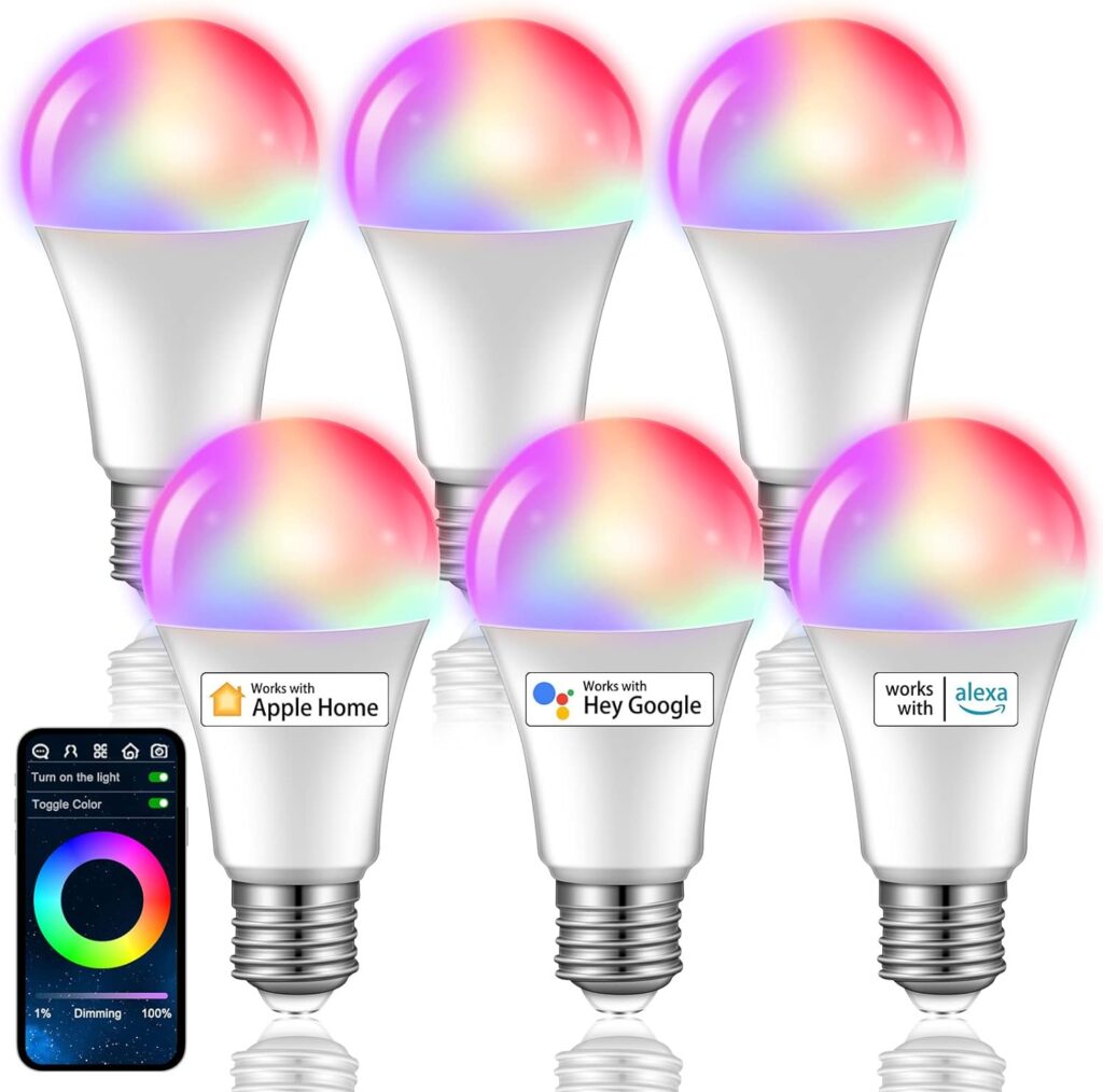 Smart Small LED Light Bulb LED Bulbs Color Changing Light Bulb Compatible with Apple HomeKit, Alexa Echo Dimmable E26 Multicolor 2700K to 6500K RGB 9W 850LM for Indoor Outdoor Home (6 Pcs)