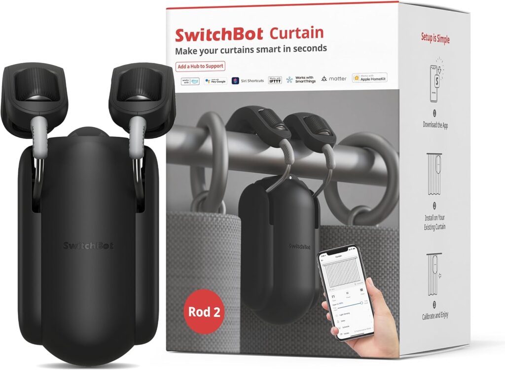 SwitchBot Curtain Smart Electric Motor - Wireless App Automate Timer Control, Add SwitchBot Hub to Make it Compatible with Alexa, Google Home, IFTTT (Rod2.0 Version, Black)