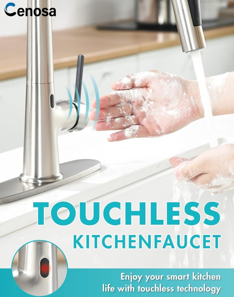 Touchless Kitchen Faucet with AC Adapter, Smart Motion Sensor Hands Free Single Handle Kitchen Sink Faucet with Pull Down Sprayer, Brushed Nickel