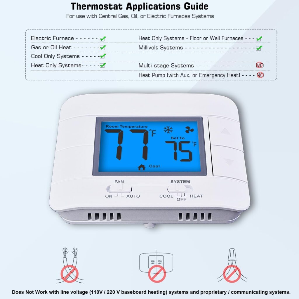 Upgraded Digital Non-Programmable Thermostat for Home 1 Heat/1 Cool, with Temperature  Humidity Monitor and Large Blue LCD Display