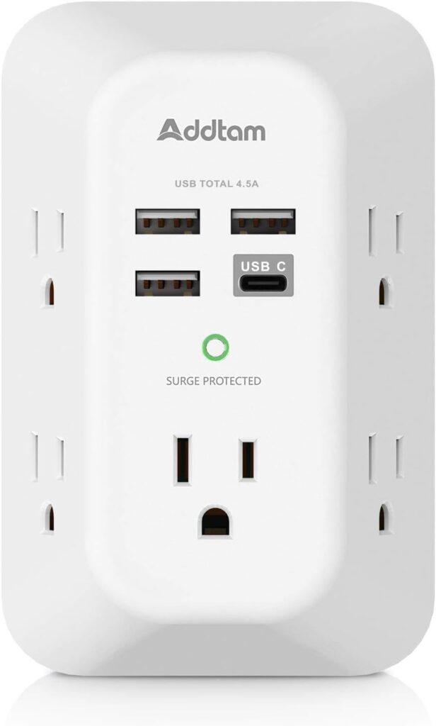 USB Wall Charger Surge Protector 5 Outlet Extender with 4 USB Charging Ports (1 USB C Outlet) 3 Sided 1800J Power Strip Multi Plug Outlets Wall Adapter Spaced for Home Travel Office ETL Listed
