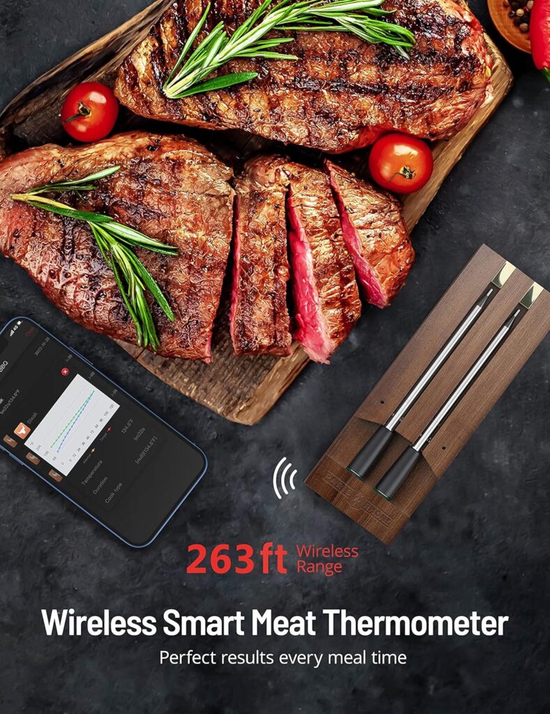 Wireless Meat Thermometer, Paris Rhône 263ft Smart Meat Thermometer, Food Thermometer with Smart Alert, IP67 Waterproof, Dishwasher Safe for The Grill, BBQ, Kitchen, Garden, Rotisserie (2 Probes)