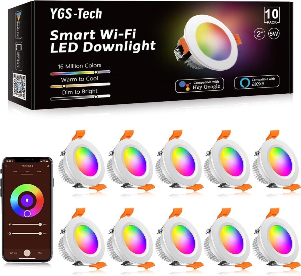 YGS-Tech Smart 2 Inch LED Recessed Lighting RGB WiFi Downlight, 5W Compatible with Alexa and Google Home, Dimmable RGB  CCT 2700-6500K Color Changing, 120V LED Ceiling Light with LED Driver (10 Pack)