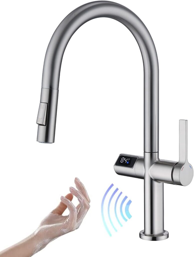Avola Touchless Kitchen Faucet,Sensor Kitchen Faucets with LED Temperature Display,Smart Hands-Free LED Kitchen Faucet, Pull Down Sprayer Kitchen Faucet,Brass Touchless Brushed Nickel Kitchen Faucet