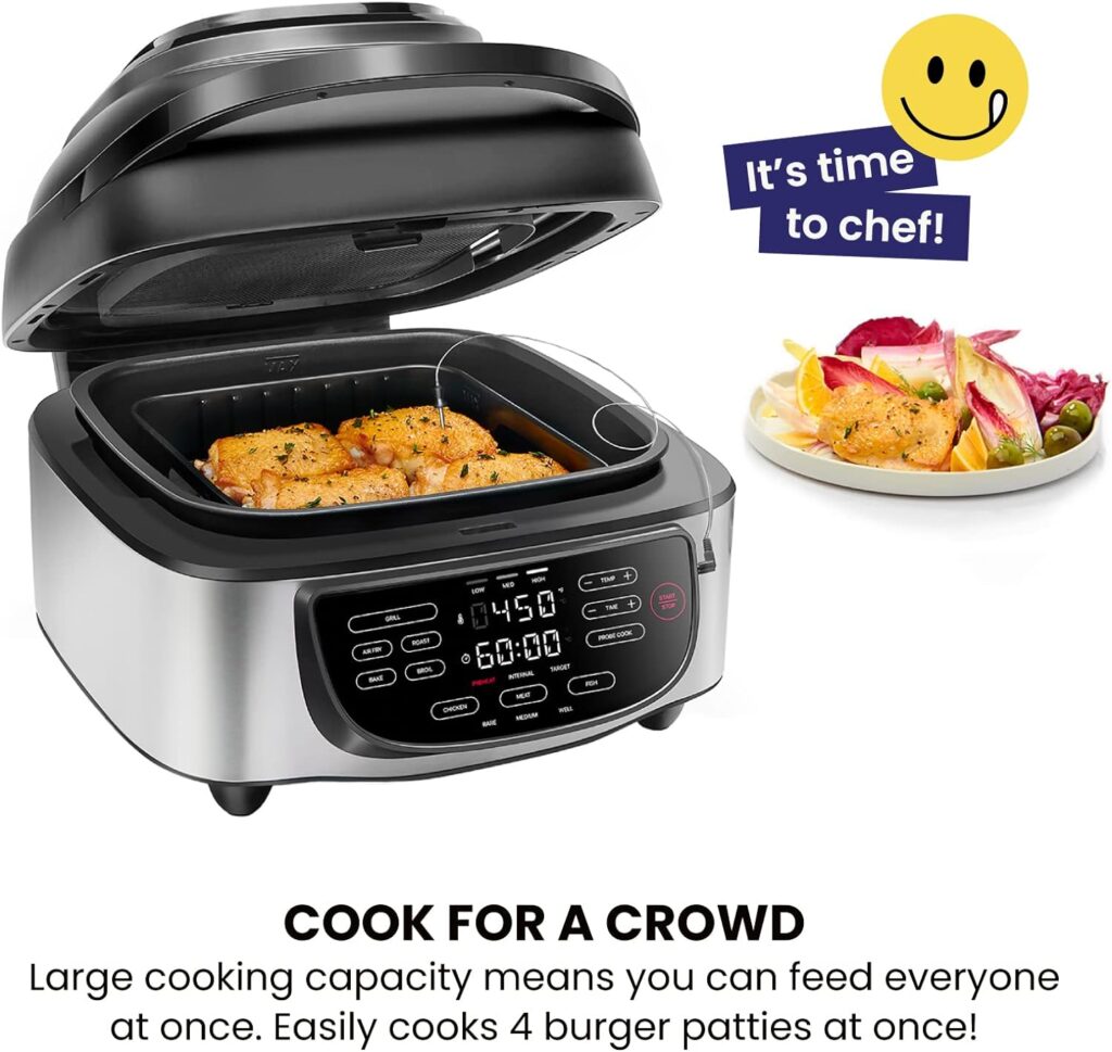 Chefman Electric Indoor Air Fryer + Grill Does It All, Countertop-Size 5-in-1 Unit Can Air Fry, Grill, Roast, Bake, and Broil, Removable Integrated Probe Thermometer Guarantees Perfect Doneness