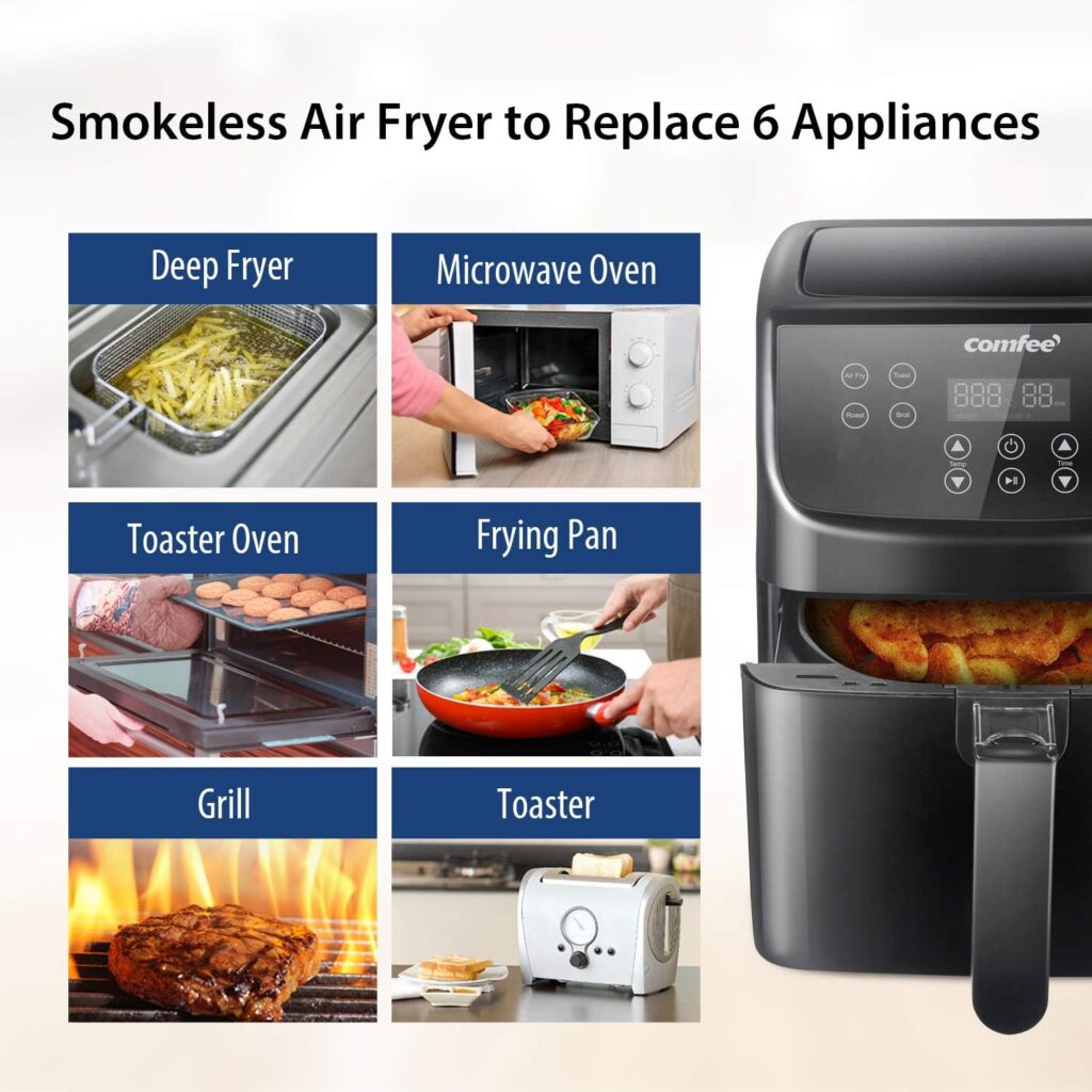 COMFEE 5.8Qt Digital Air Fryer, Toaster Oven  Oilless Cooker, 1700W with 8 Preset Functions, LED Touchscreen, Shake Reminder, Non-stick Detachable Basket, BPA  PFOA Free (110 electronic Recipes)