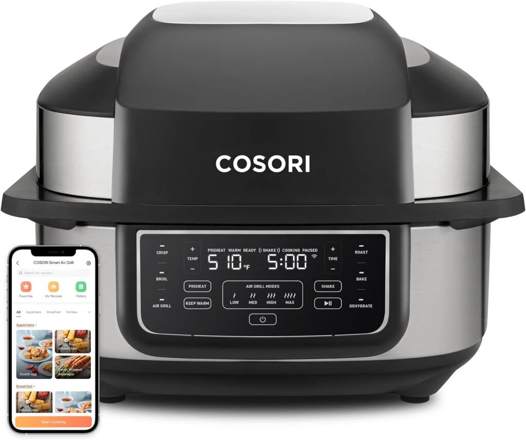 COSORI Indoor Grill  Smart XL Air Fryer Combo Aeroblaze, 8-in-1, 6QT, Grill, Broil, Roast, Bake, Crisp, Dehydrate, Preheat  Shake Remind  Keep Warm, Works with Alexa  Google Assistant, Silver