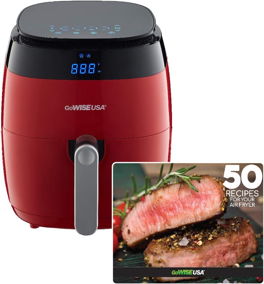 GoWISE USA GW22826-S 5-Quart Air Fryer with 8 Cooking Presets and Duo Display + 100 Recipes, 5.0-Qt, Red
